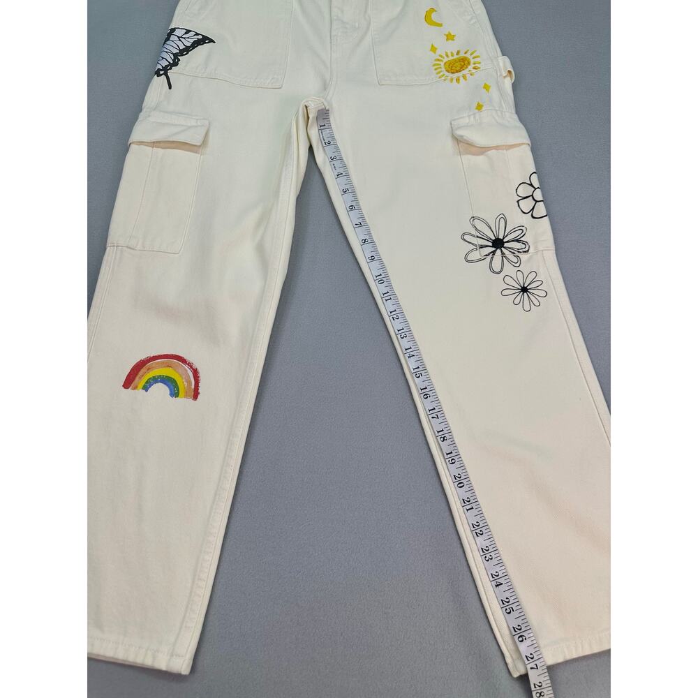 PacSun Sketchbook High Rise Carpenter Cargo Jeans Cream Doodle Size 27 - Picture 9 of 12